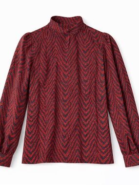 Red Chevron High-Neck Long-Sleeve Blouse